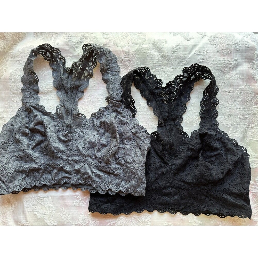 2 FELINA Floral Lace Bralettes Size L Gray & Black Racerback Style Pullover